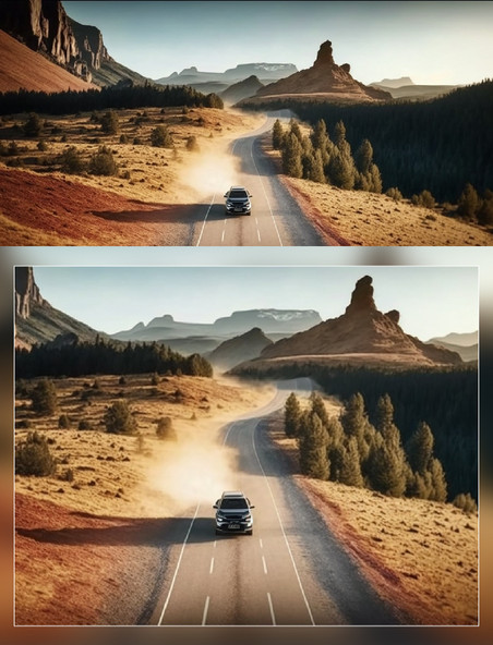 黄沙沙漠汽车公路树林摄影风景