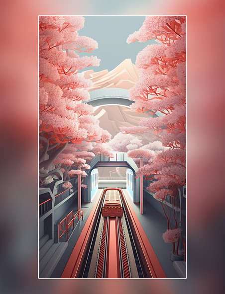 粉色樱花隧道剪纸艺术城市春季城市中国超美插图中国建筑平面插图