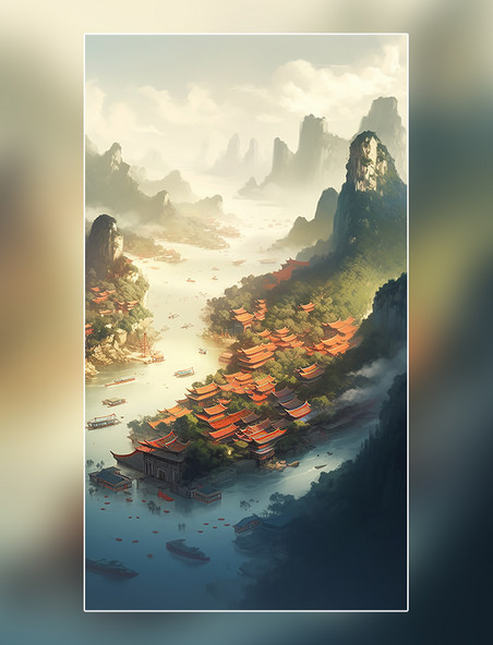 中国风国潮风远山景观图山水壮丽清河船只鸟类风景插图