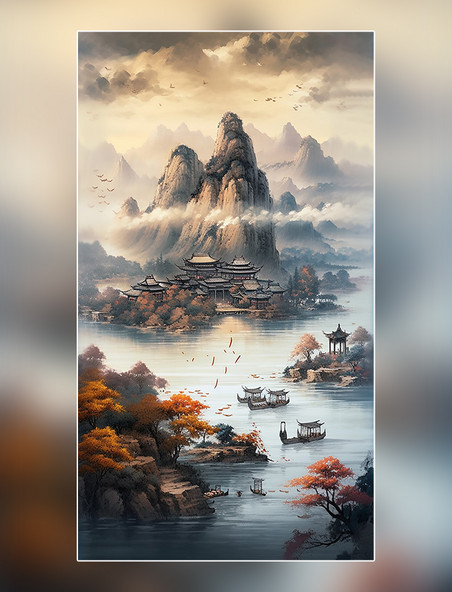 景观图山水壮丽中国风国潮风中国风清河船只鸟类风景插图