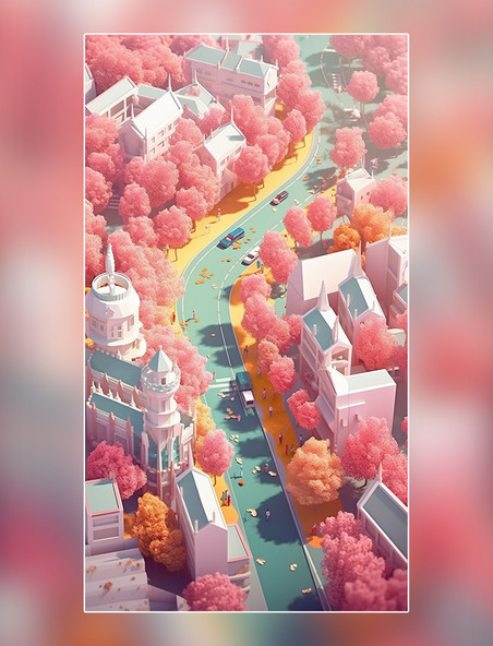 粉色樱花剪纸艺术春季城市中国超美插图中国建筑平面插图