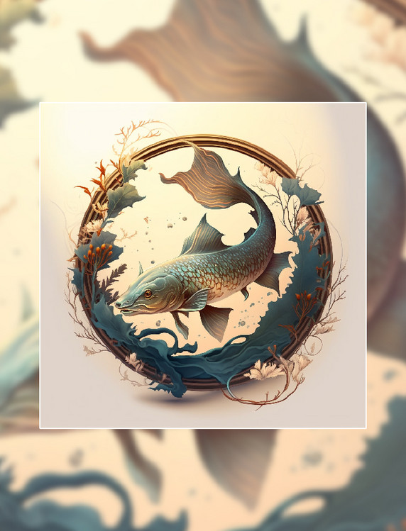 国潮鱼植物中国风插画动物元素徽章