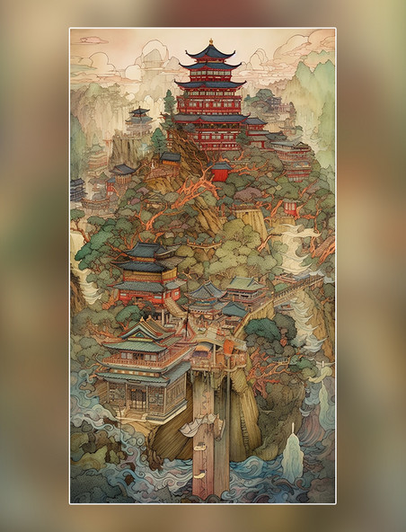 浮世绘山水建筑河流长城水彩画中国传统建筑