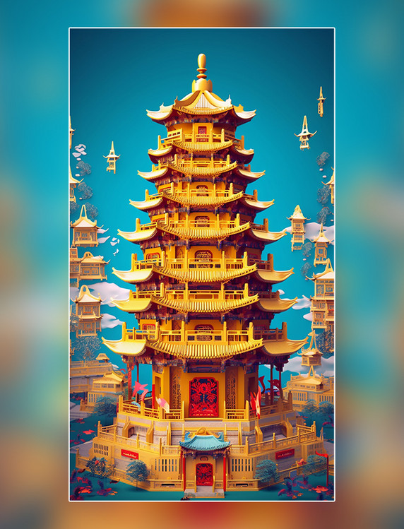 剪纸艺术春季城市中国超美插图中国塔建筑平面插图