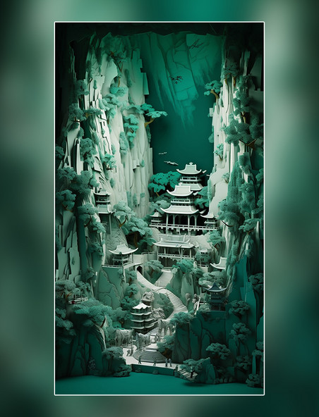 剪纸艺术绿色春季城市中国超美插图中国建筑平面插图