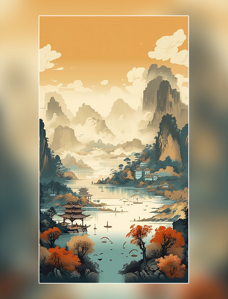 远山景观图山水壮丽中国风国潮风中国风清河船只鸟类风景插图