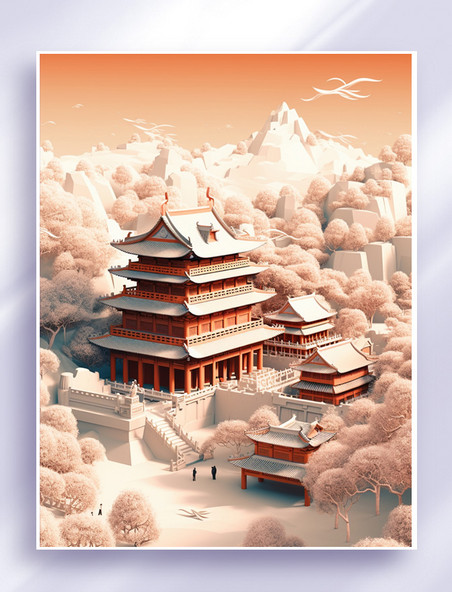 剪纸风格紫禁城数字艺术插画背景