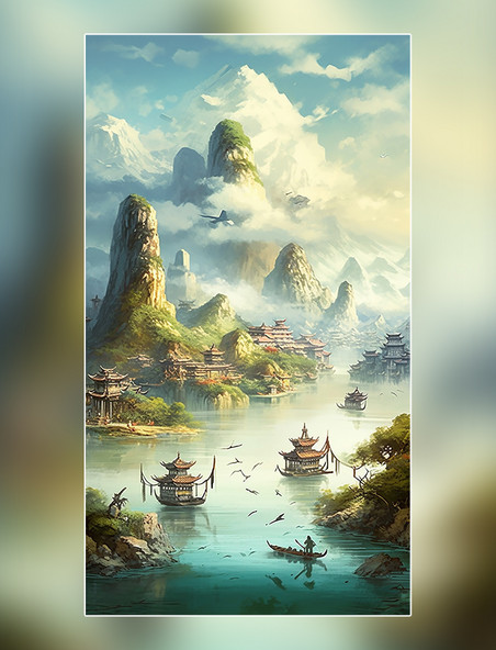山水壮丽中国风远山景观图国潮风中国风清河船只鸟类风景插图