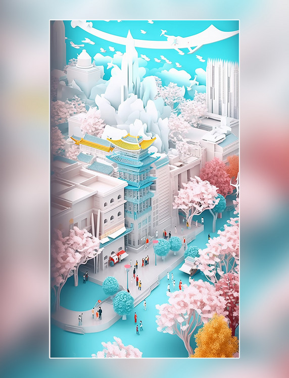 蓝色建筑剪纸艺术春季城市中国超美插图中国建筑平面插图