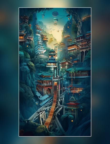 剪纸春季城市中国超美插图中国山上建筑平面插图
