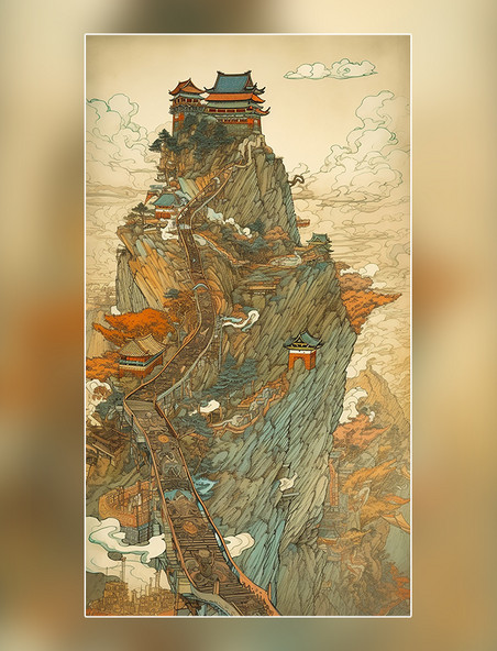 浮世绘风格中国古代建筑中国风塔山水河流长城水彩画中国传统建筑