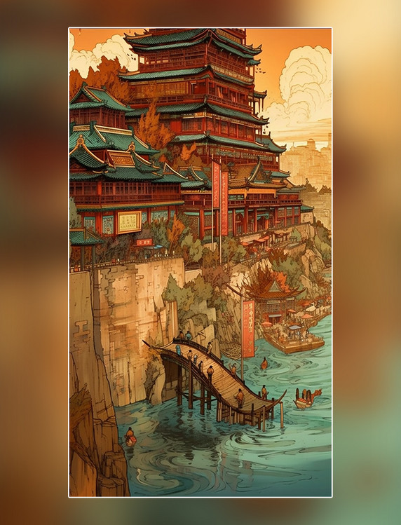 浮世绘风格中国古代建筑中国风塔山水河流水彩画中国传统建筑