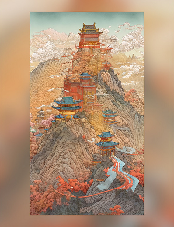 浮世绘风格中国风中国古代建筑塔山水河流长城水彩画中国传统建筑