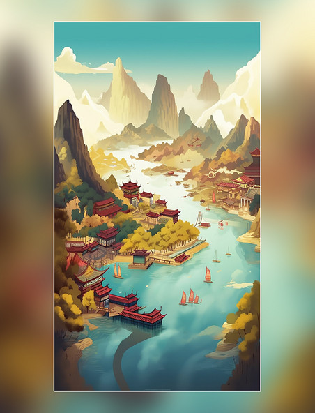 壮丽山河景观图远山国潮风中国风清河船只鸟类风景插图
