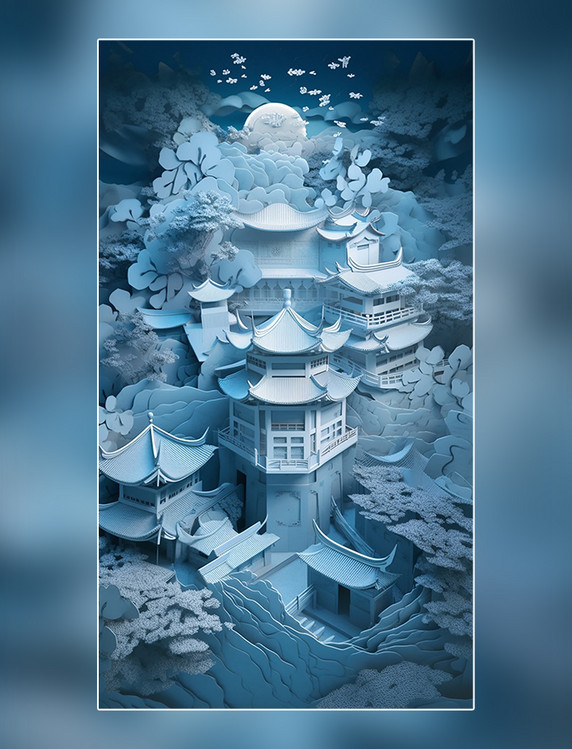 蓝色城市剪纸艺术春季城市中国超美插图中国建筑平面插图