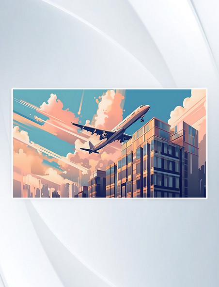 飞机天空城市现代科技扁平风格插画