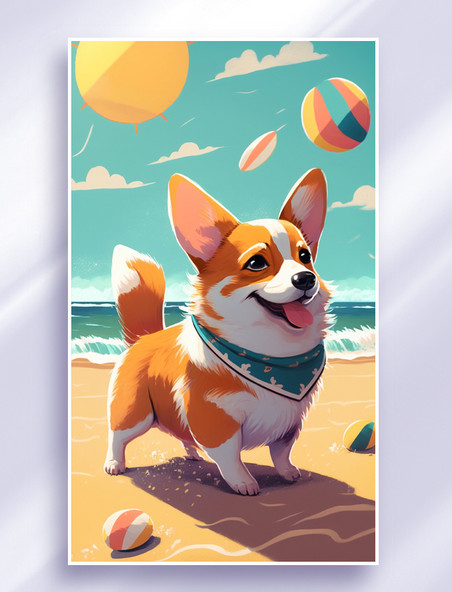 海滩边可爱的小狗插画