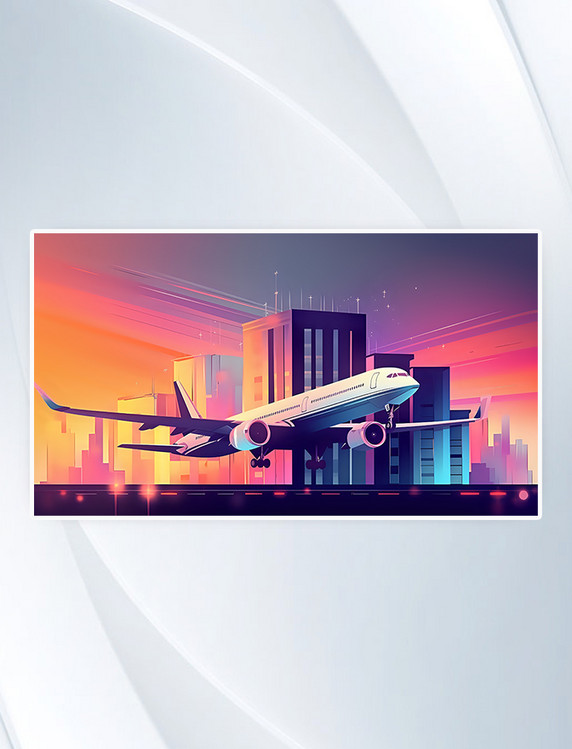 飞机霓虹城市现代科技扁平风格插画