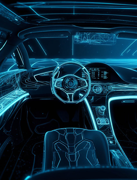 蓝色线条科技汽车第一视角内部透视结构图