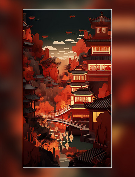 重庆洪崖洞夜景中国超美插图春季城市剪纸艺术中国建筑平面插图
