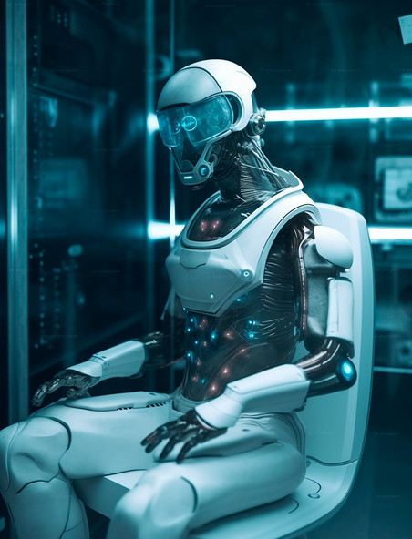 机器人坐在办公室的椅子上检查机器科技