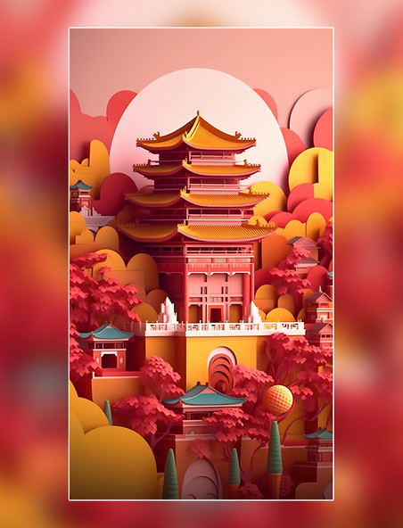 北京故宫红色春季城市剪纸艺术中国超美插图中国建筑平面插图