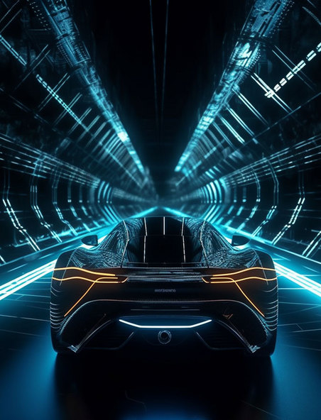 蓝色光线的未来感隧道里一辆超酷的暗黑色超跑