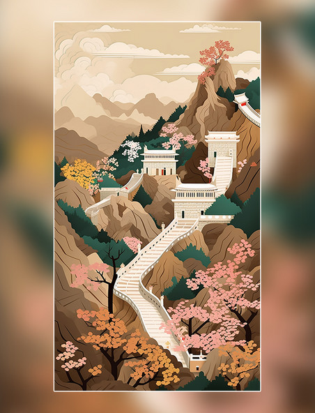 北京长城春季城市剪纸艺术中国超美插图中国建筑平面插图