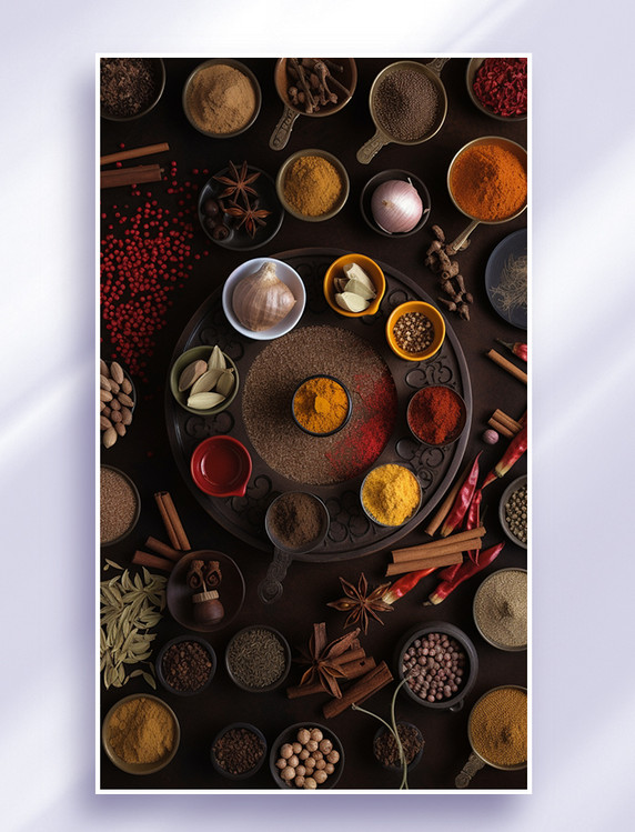 各种香料调料辅料辣椒粉孜然粉整齐排列圆形排列