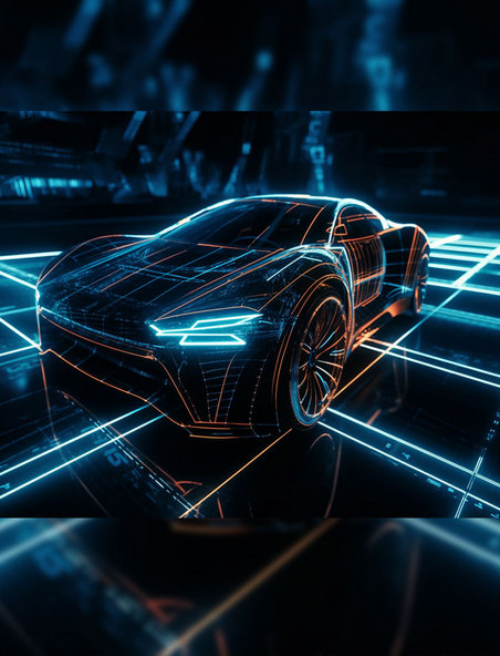 橙蓝色线条科技跑车汽车高科技未来感透视图