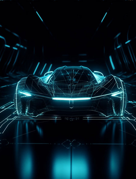 正面视角蓝色光线线条科技超跑汽车透视概念场景图