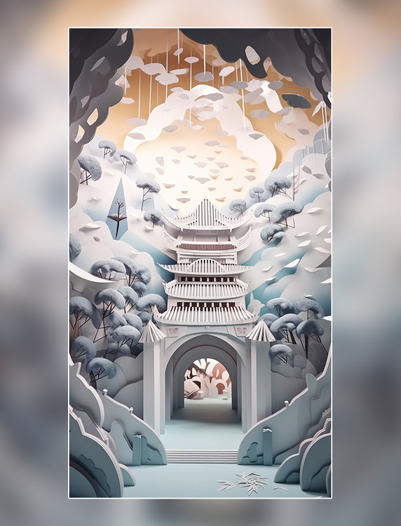 剪纸艺术西安钟鼓楼中国超美插图春季城市中国建筑平面插图