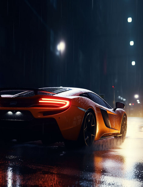 雨中停在路边的橘色超跑高清特写镜头
