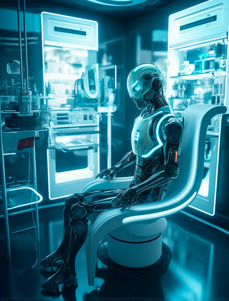 黑白配色高科技智能机器人坐在检测椅上科技