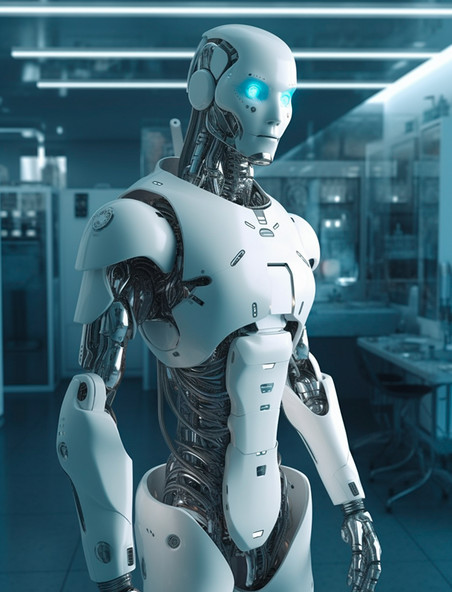 白色仿人形超智能医疗机器人站在无菌医疗室里科技