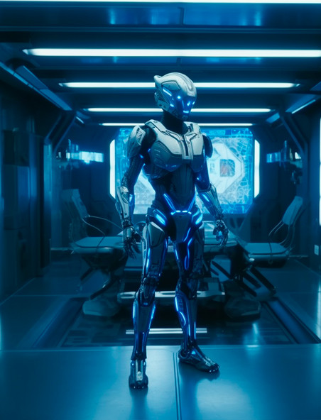 在医疗舱里的白蓝配色智能科幻机器人科技