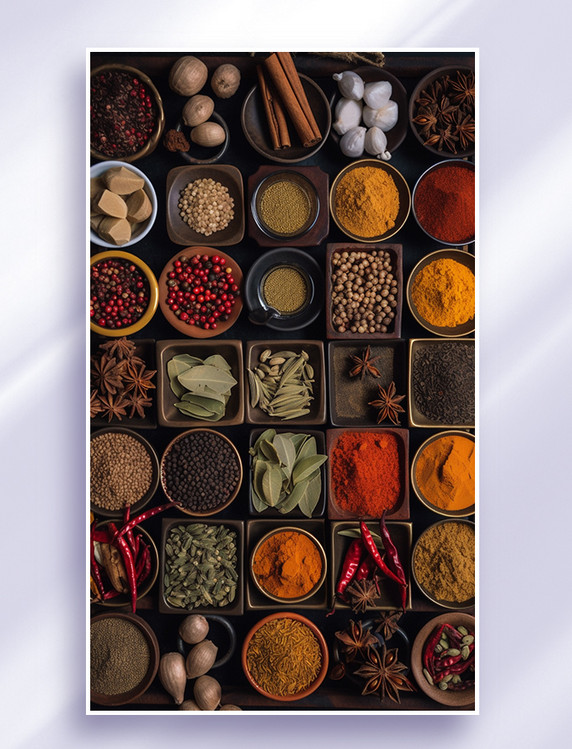 食品美食各种香料调料辅料整齐排列