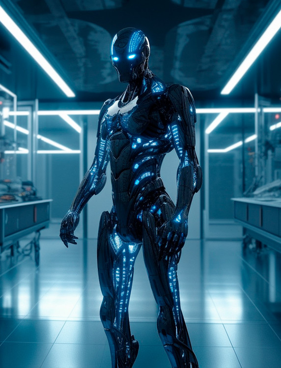 站在无菌实验基地里超智能科幻未来人型黑蓝色机器人科技