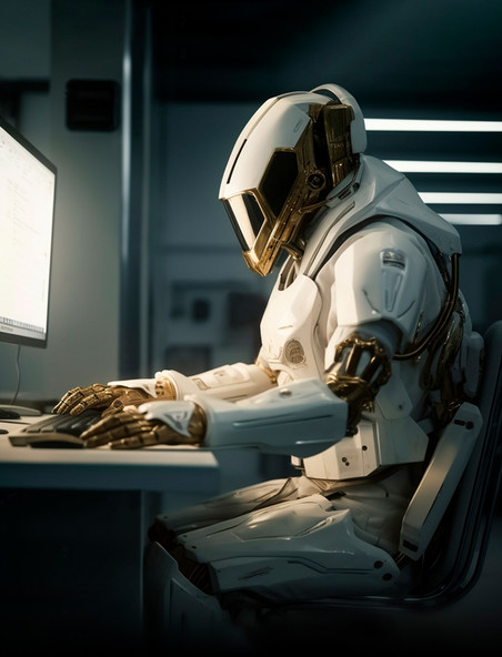 白金配色的科幻人工智能机器人坐在电脑前办公科技