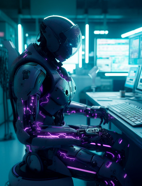 紫银配色的科幻智能机器人坐在电脑前工作科技