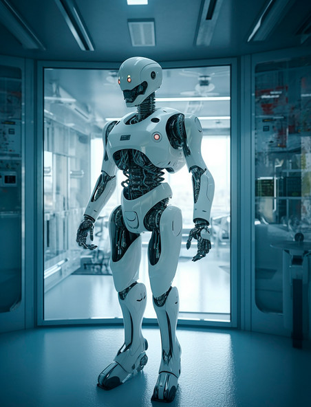 站在无菌医疗室门口的白色超智能未来机器人人工智能科技