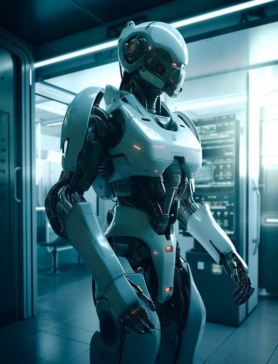 白橙配色智能机甲人形未来机器人站在机房门口科技