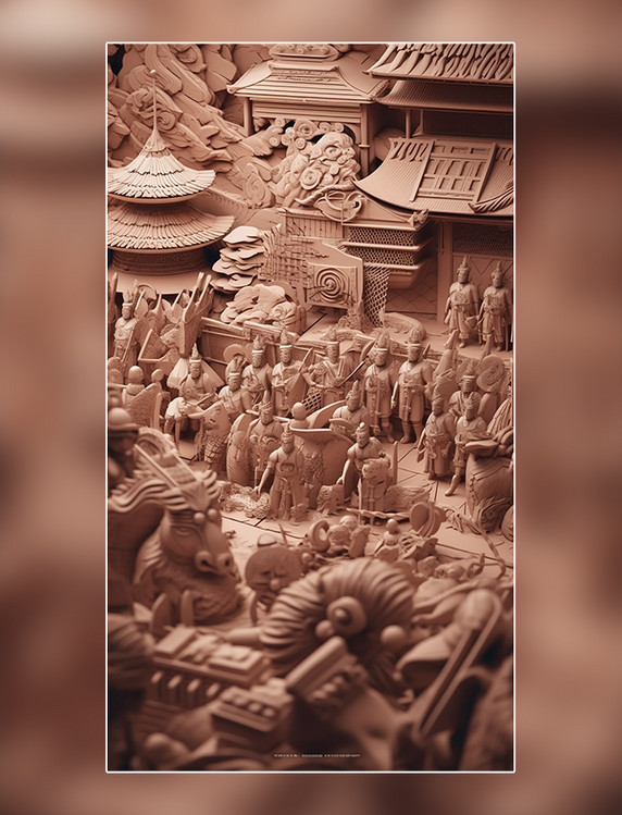 西安秦始皇兵马俑中国超美插图春季城市剪纸艺术中国建筑平面插图