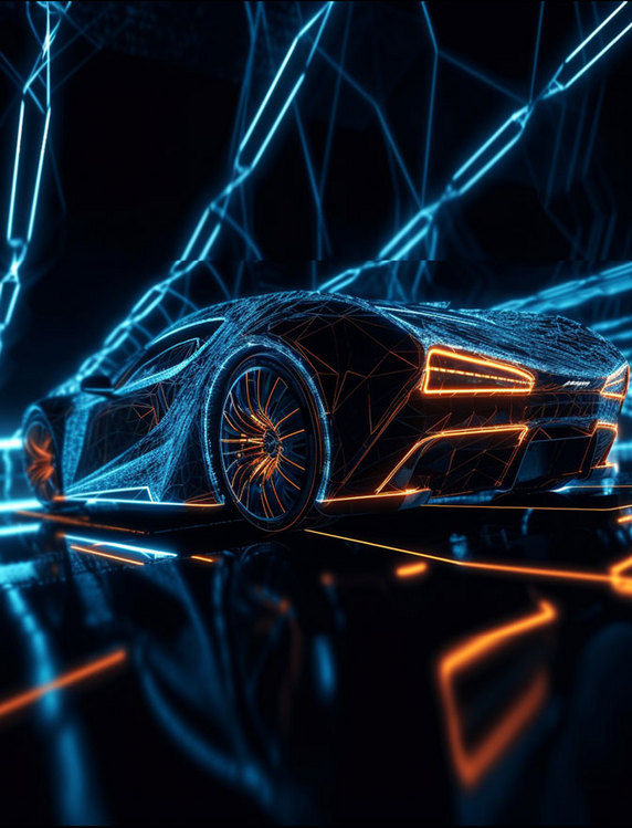 蓝橙色透视感线条科技跑车尾部低视角图