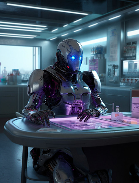 坐在椅子上的科幻智能机器人在可视化桌面上办公科技