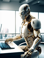 白金配色的未来智能机器人半蹲着打电脑科技