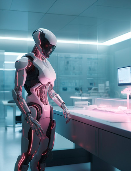 站在实验室里研究的白粉配色智能科幻机器人科技