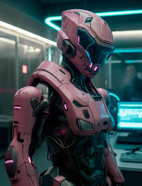 在实验室里的暗粉色人形智能科幻机器人特写镜头科技