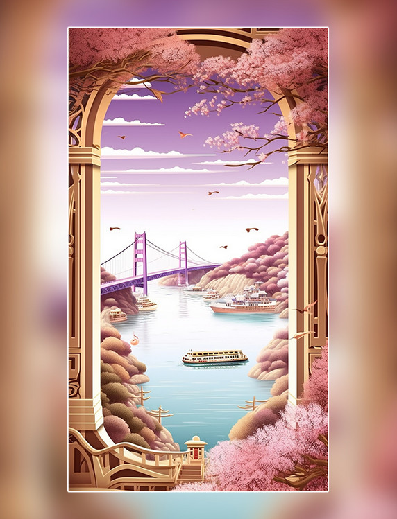 春季樱花武汉长江大桥中国超美城市跨江大桥城市剪纸艺术中国建筑平面插图