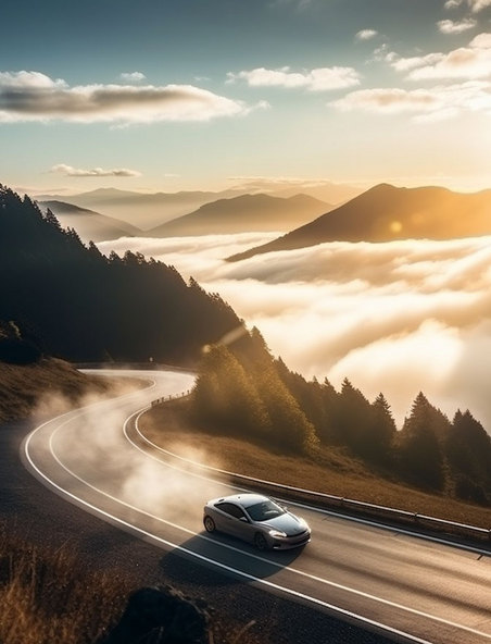 行驶在盘山公路上的汽车海报广告云海阳光